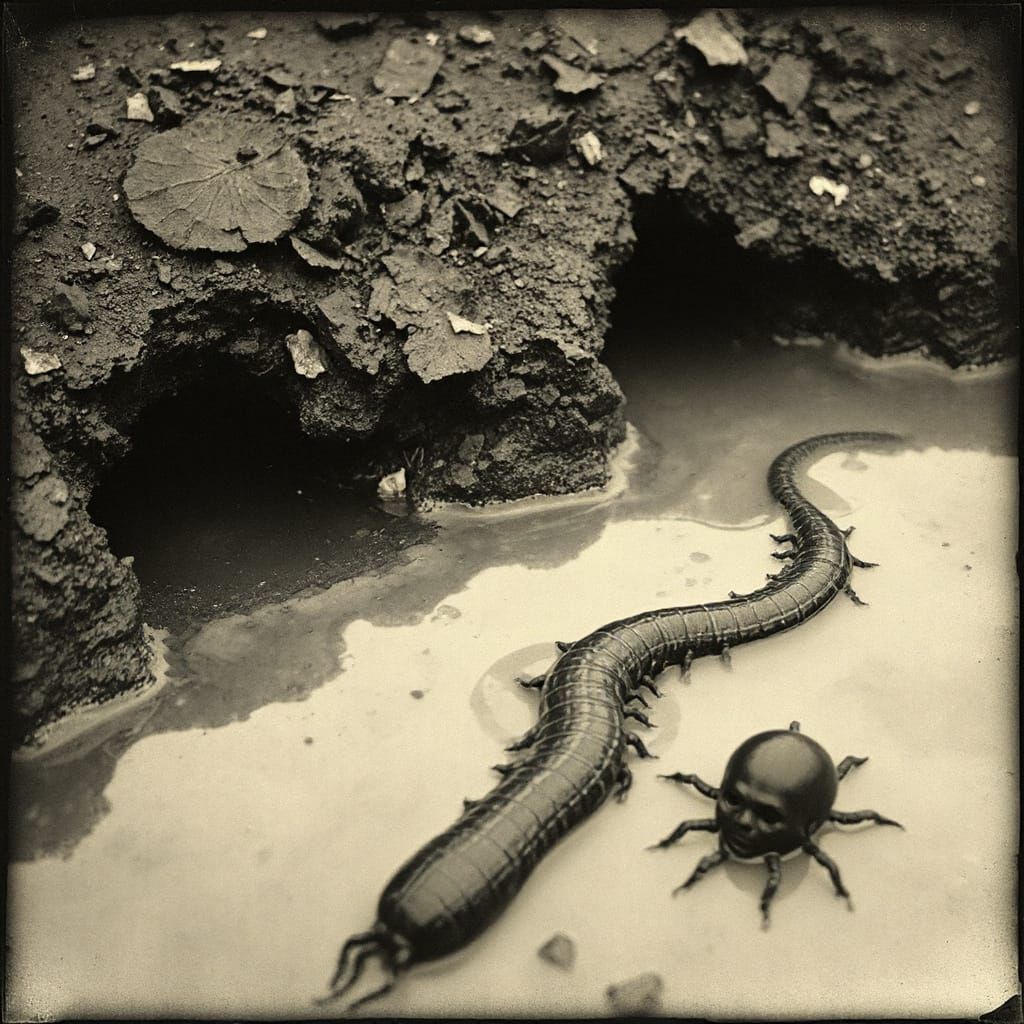 Vintage Gritty Photogravure Of A Centipede Drowning