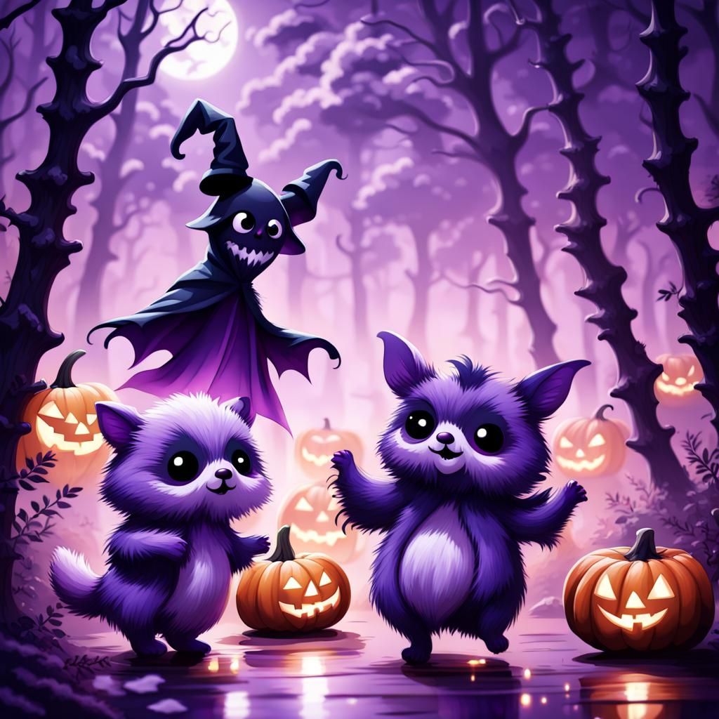 Spooky Halloween Night: Dancing Animals in Dark Forest