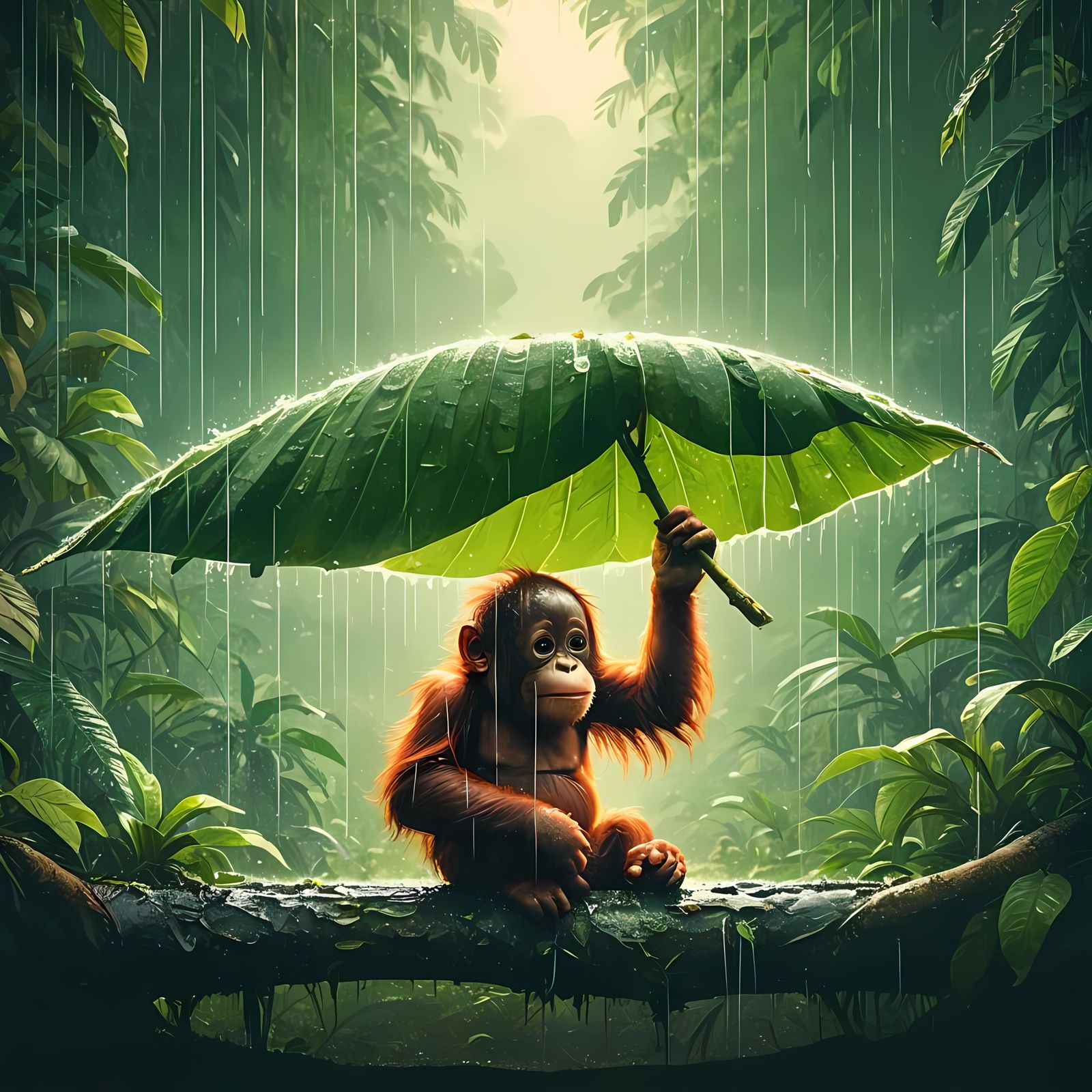 Orangutan Cub Shelters From Rain With Leaf