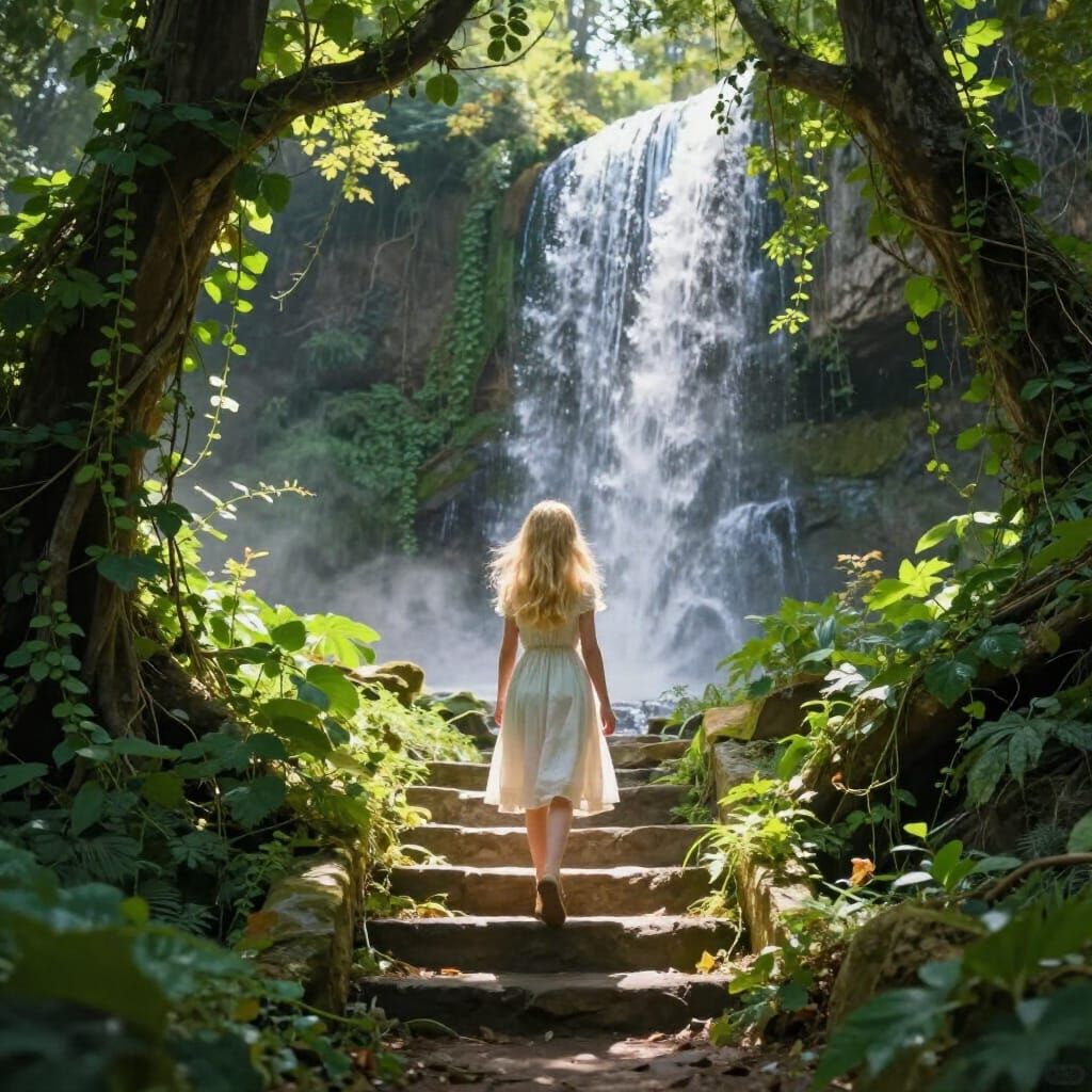 Girl Ascends Vine-Covered Staircase to Waterfall in Fantasy ...