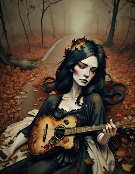 Melancholic Woman on Guitar Case in Autumn