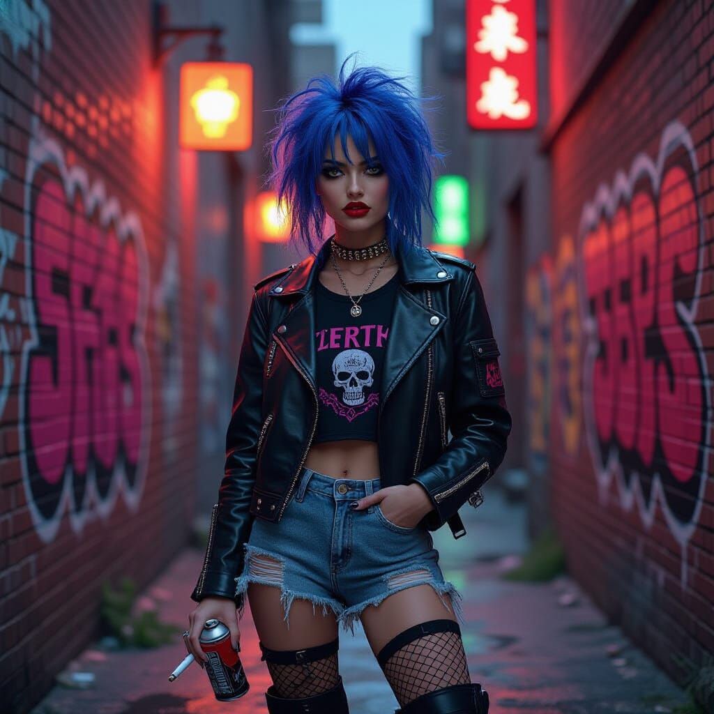 Gritty 1980s Punk Rocker in Neon Alleyway