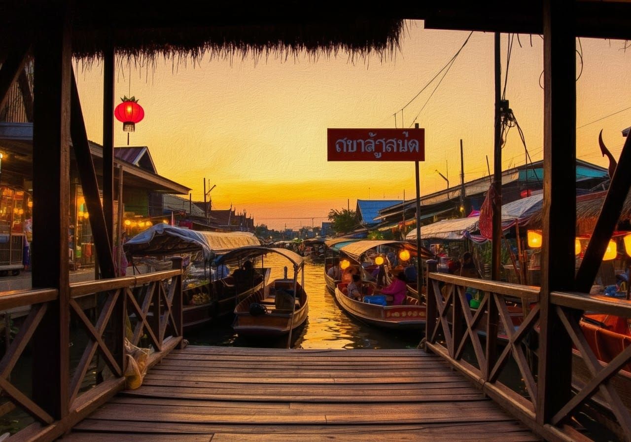 Thai Floating Market at Dusk: Impressionistic Khlong Scene