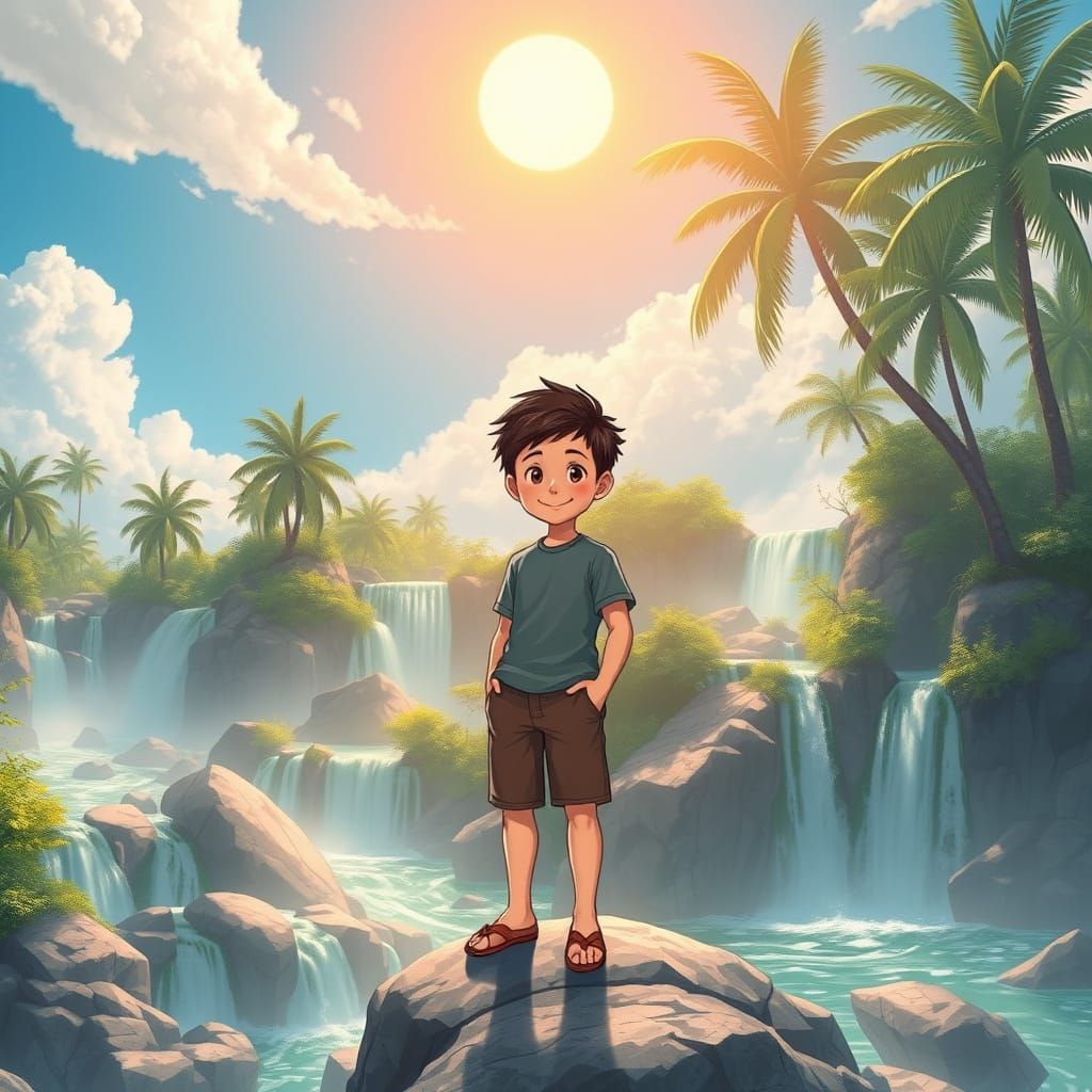 Man in Shinkai Style Landscape with Waterfalls