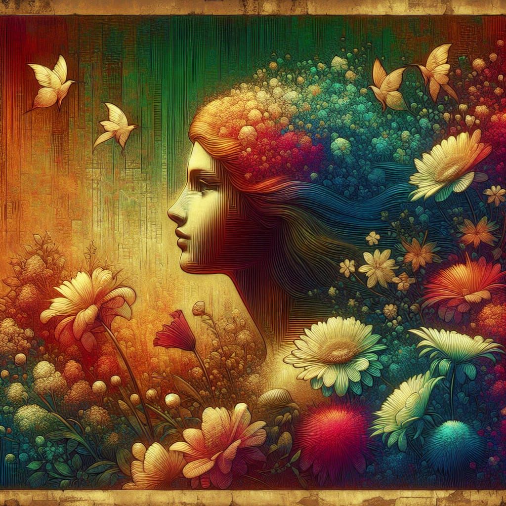 Vintage Lady Surrounded by Whimsical Flowers in Pastel Hues