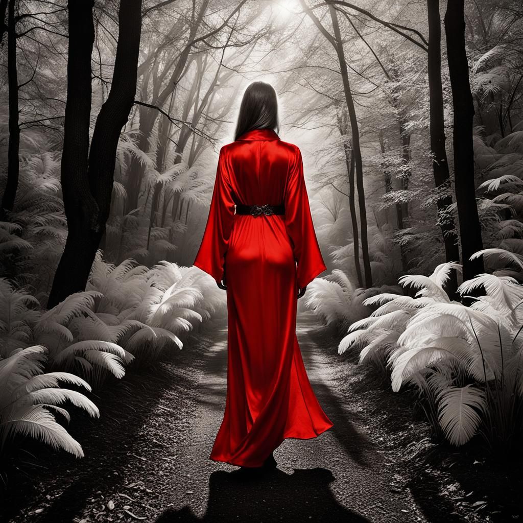 Woman in Red Silk Robe, Infrared Photography Style