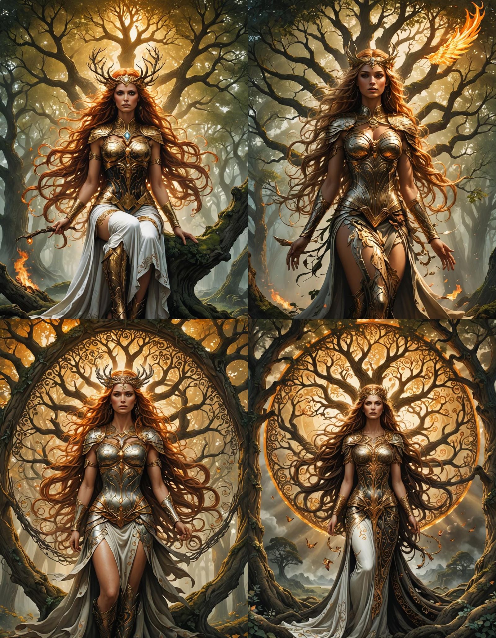 The tree of life in Norse mythology, the valkyrie waiting underneath, a strong, beautiful, dangerous woman is waiting wi...