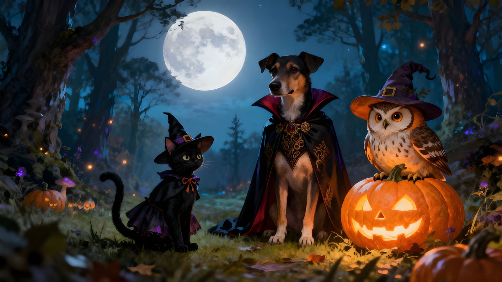 Forest Animals in Halloween Costumes Under Full Moon