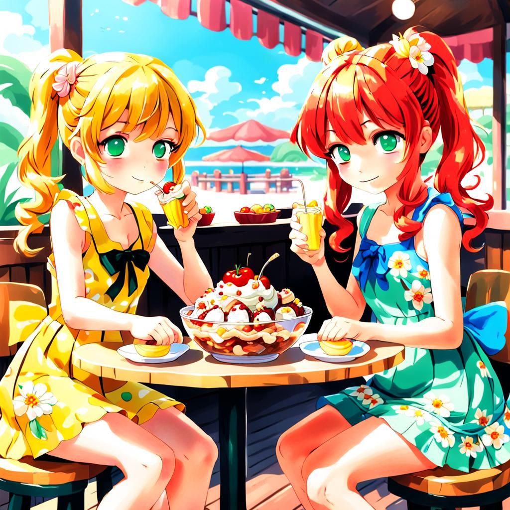 Two Women Share a Banana Split: 3D Anime Art