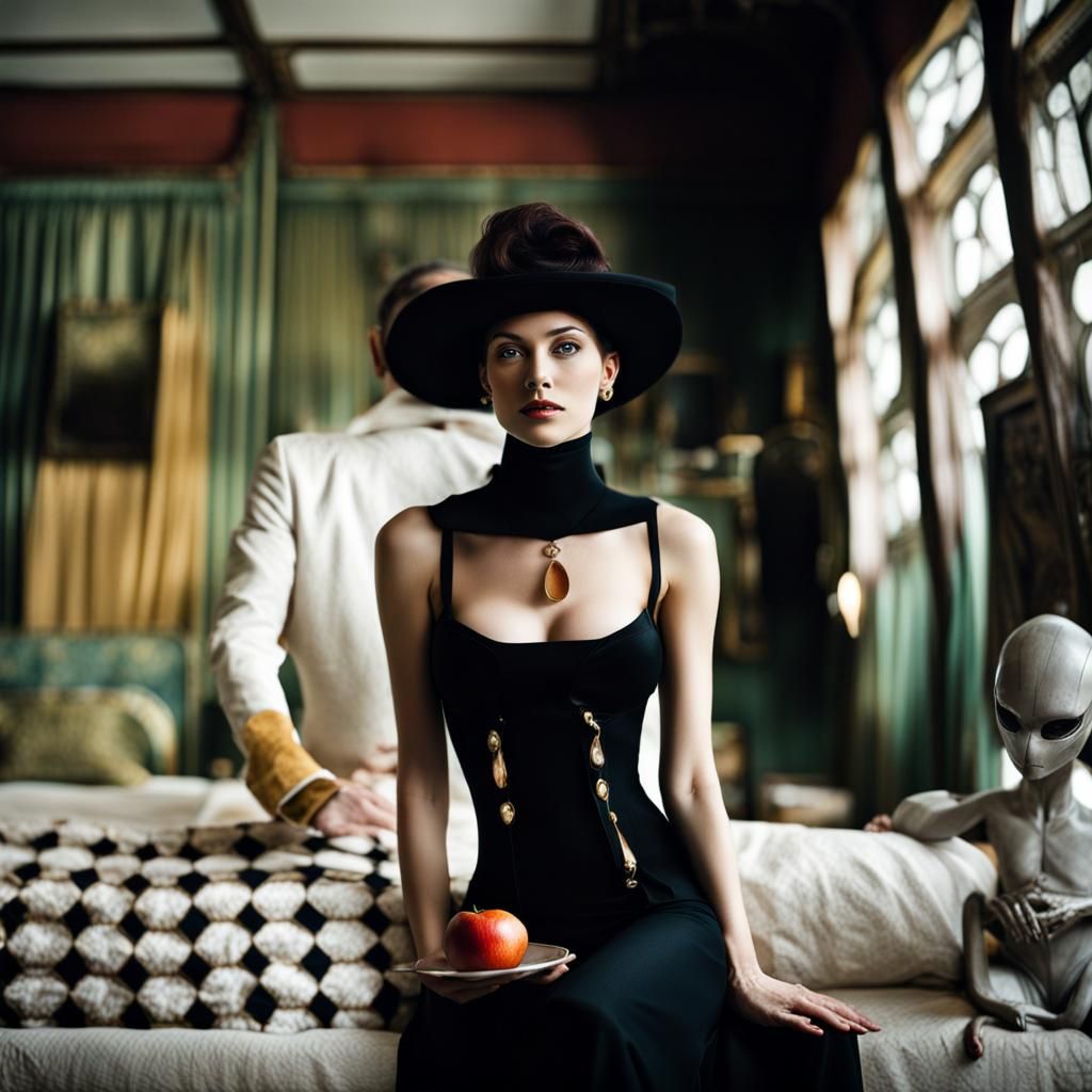 Surreal Restaurant Scene with Beautiful Aliens, Professional...