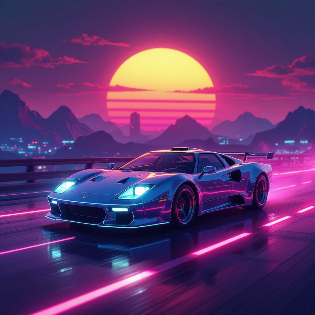 Retro Futurism Sports Car on Neon Grid Highway