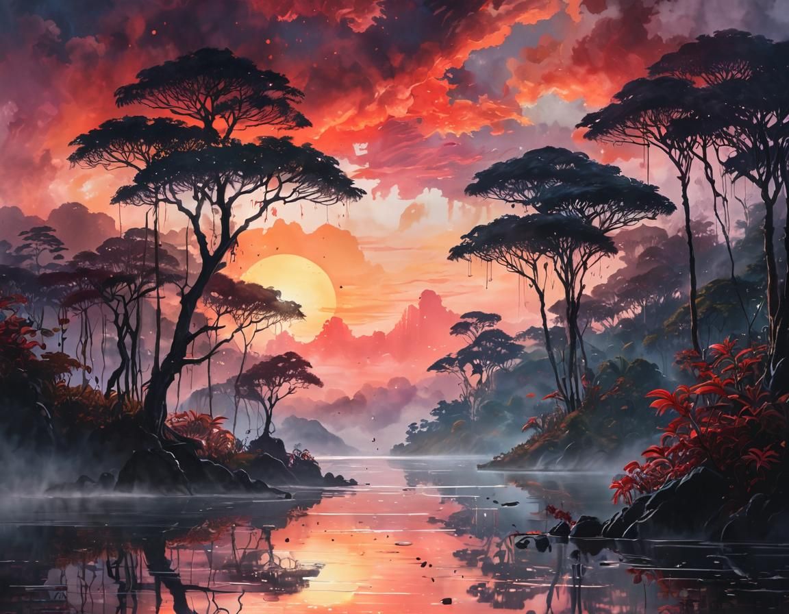 Mystical Rainforest Sunset with Blood Moon, Watercolor Art