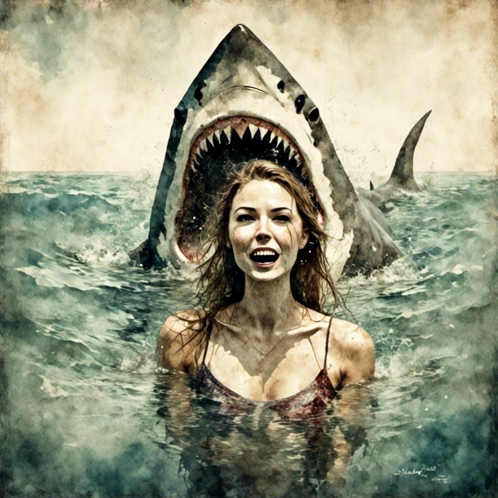 Woman Swims as Shark Attacks in Watercolor Style