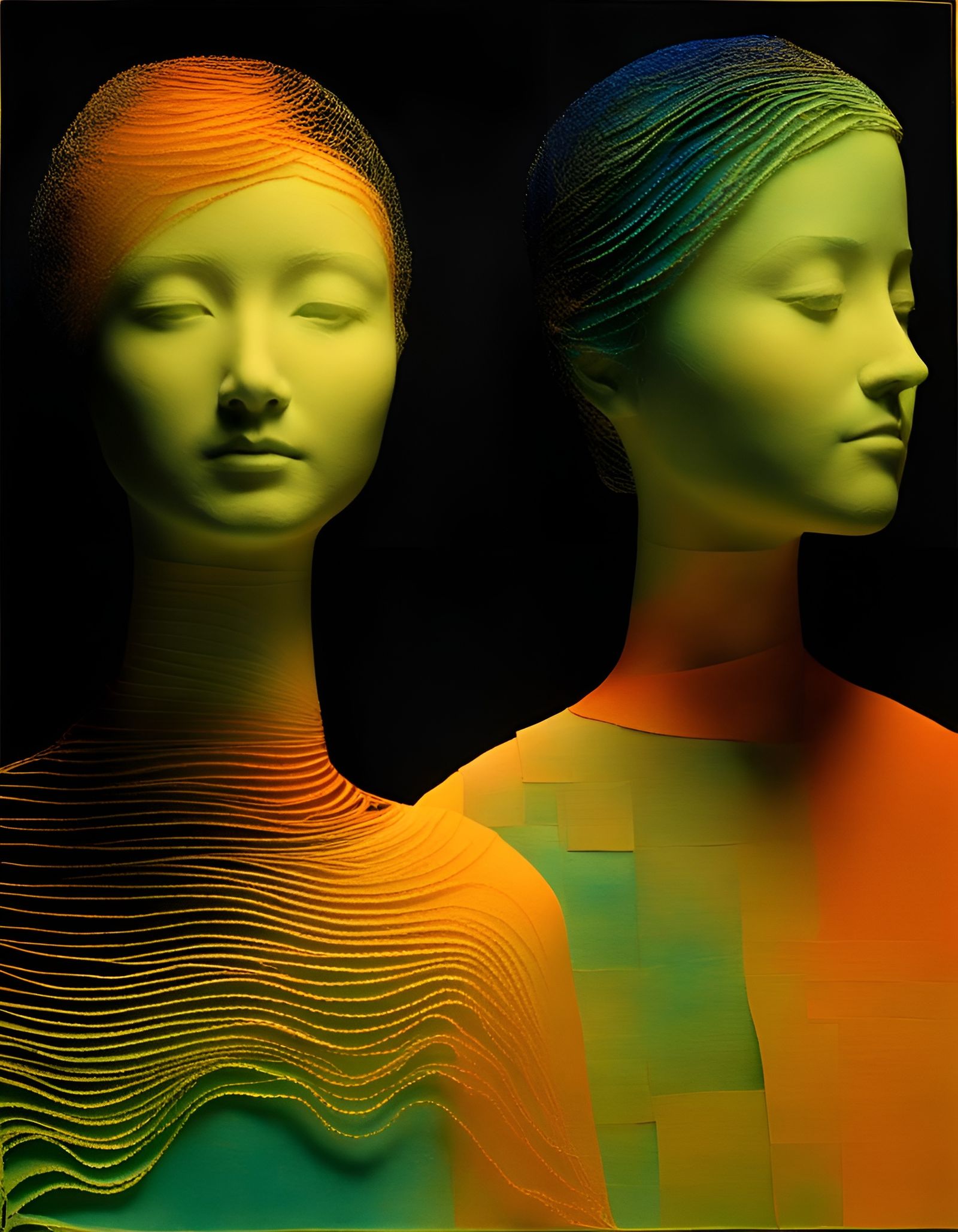 Surreal Sculpture of Two Figures in Woven Textile