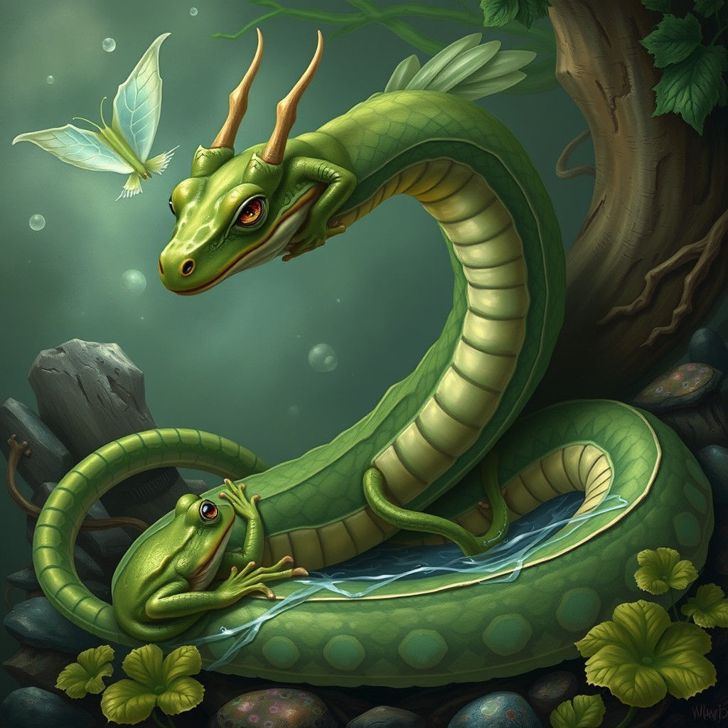 Fantasy Serpent with Frogs in Lush Environment