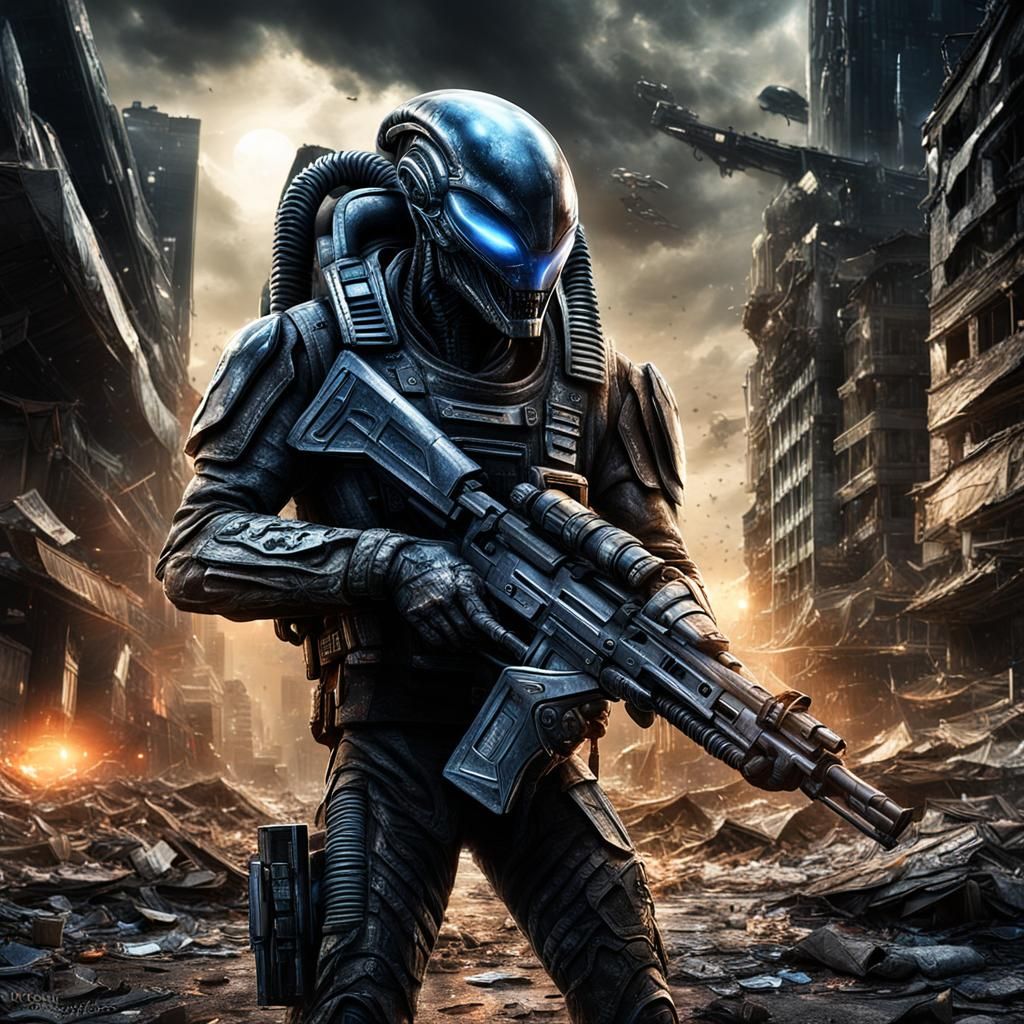 Defeated Alien Soldier in War-Torn City