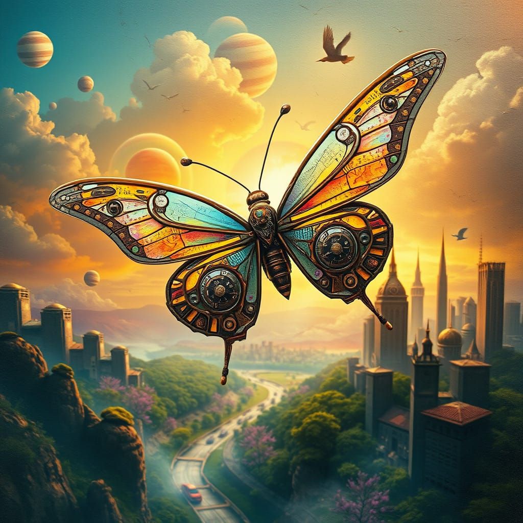 Whimsical Steampunk Butterfly Soars Over Futuristic Cityscap...