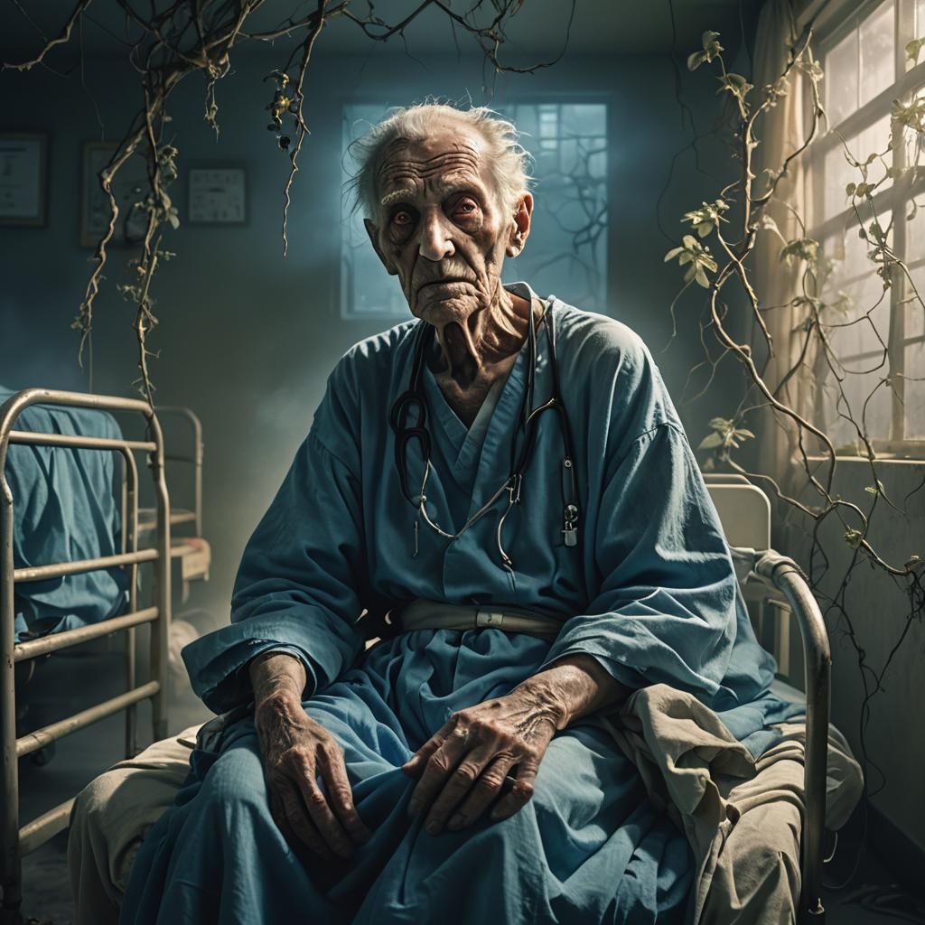 Dark Fantasy: Elderly Patient in Overgrown Hospital Ward