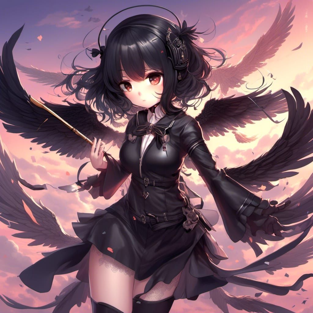 Anime Angel with Black Wings in Chibi Style