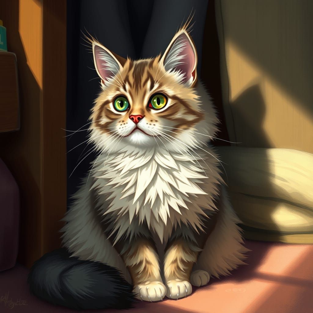 Adorable Furry Cat in Cozy Room: Digital Art