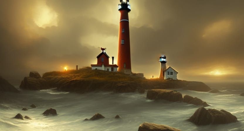 Steampunk Train and Lighthouse in Dark Fantasy Style