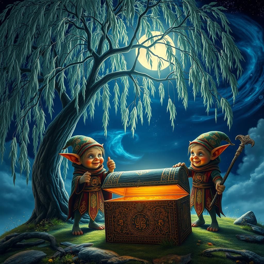 Goblins Discover Treasure Chest Under Willow Tree
