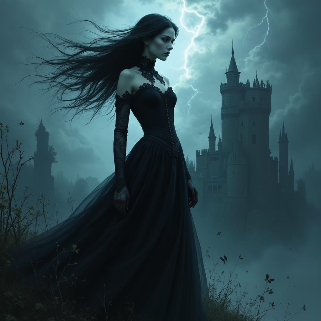Ethereal Gothic Beauty in a Thunderous Storm