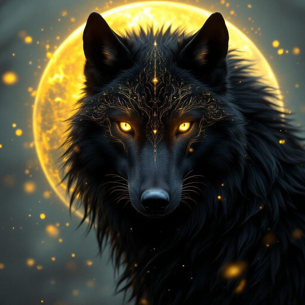Golden Haloed Black Wolf Portrait in Digital Art Style