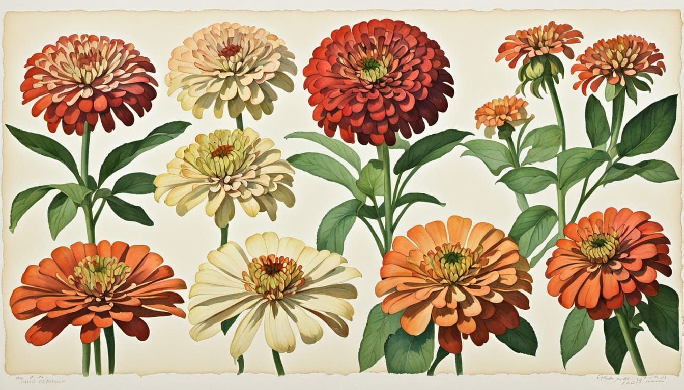 Vibrant Zinnias in Naturalistic Anthotype Style