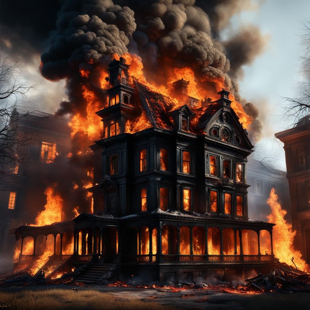 Haunted House Engulfed in Flames: Photorealistic Render