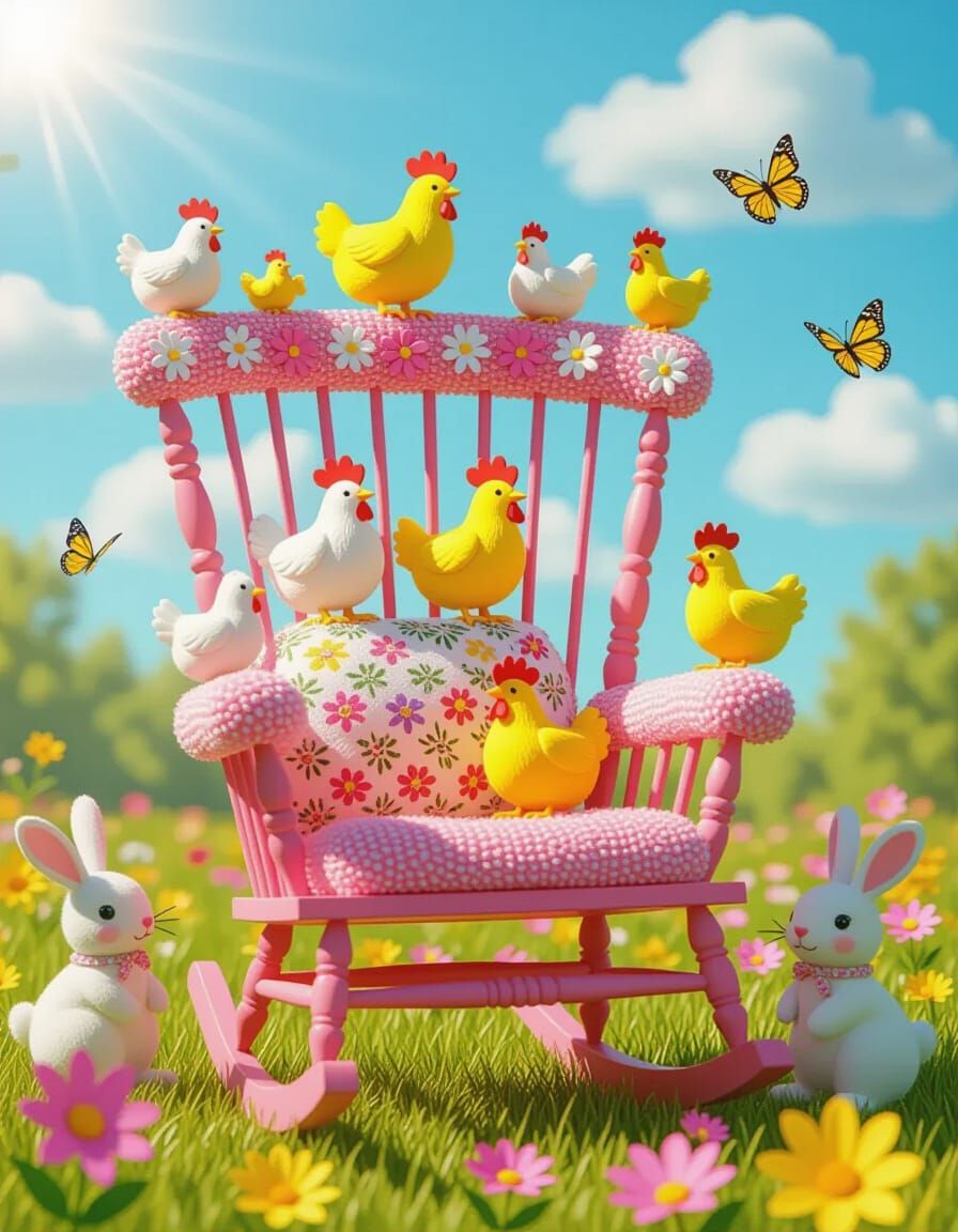 Whimsical Chicken-Themed Rocking Chair in Folk Art Style