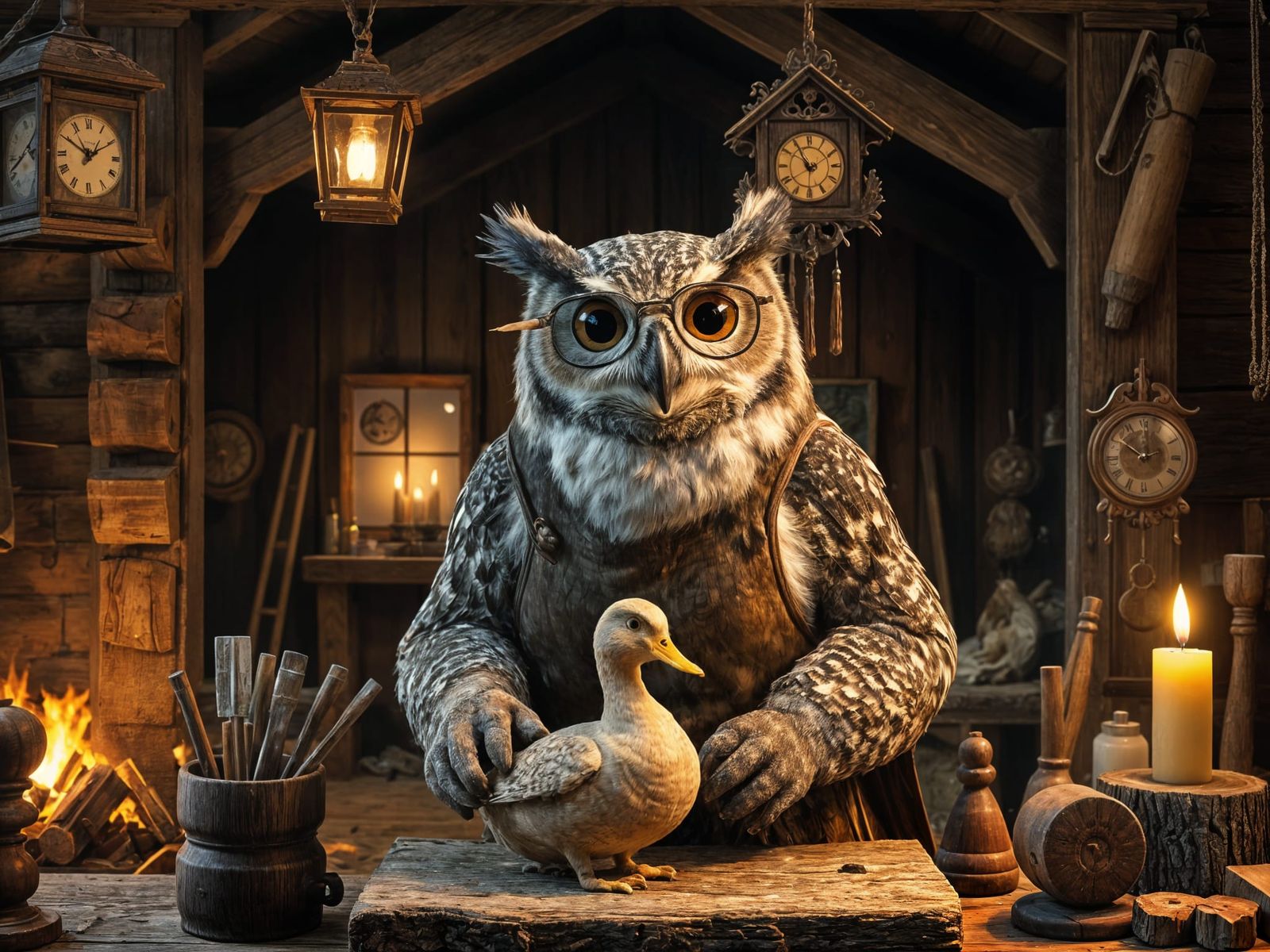 Anthropomorphic Owl Carves Duck in Rustic Workshop