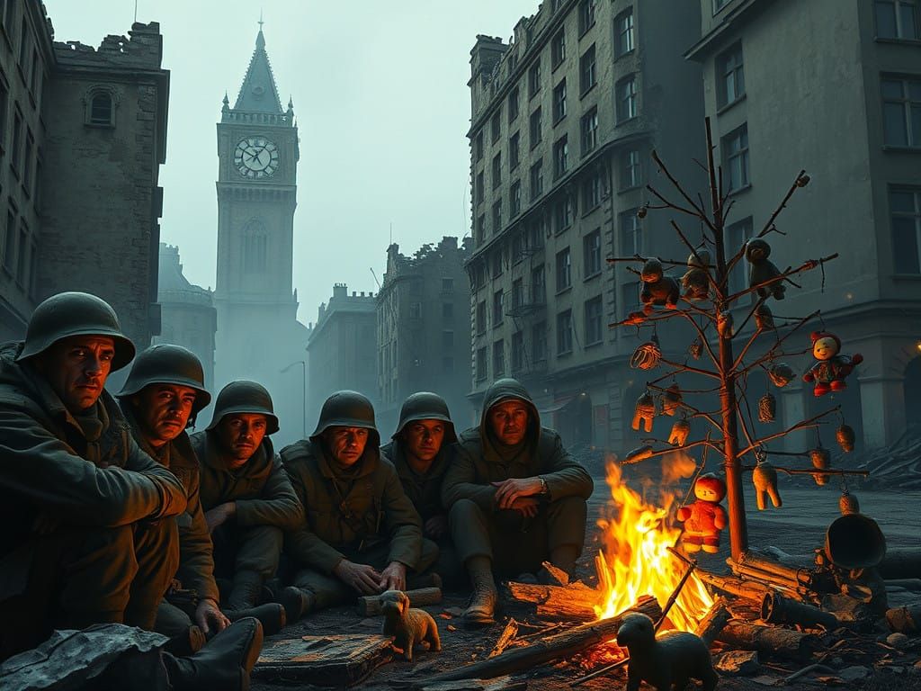 War-Damaged City Square at 11:55 PM
