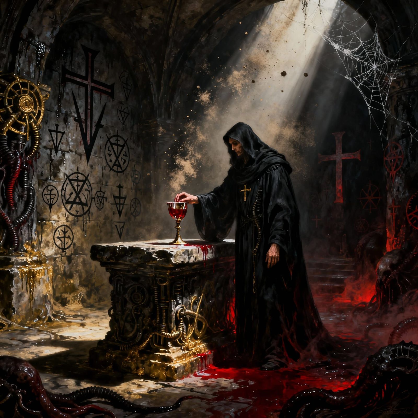 Macabre Ritual in Ancient Crypt: Horror Oil Painting