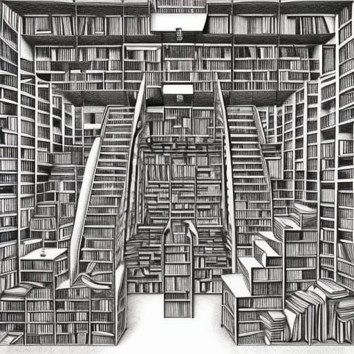 Escher-esque Infinite Library: Black and White Illustration