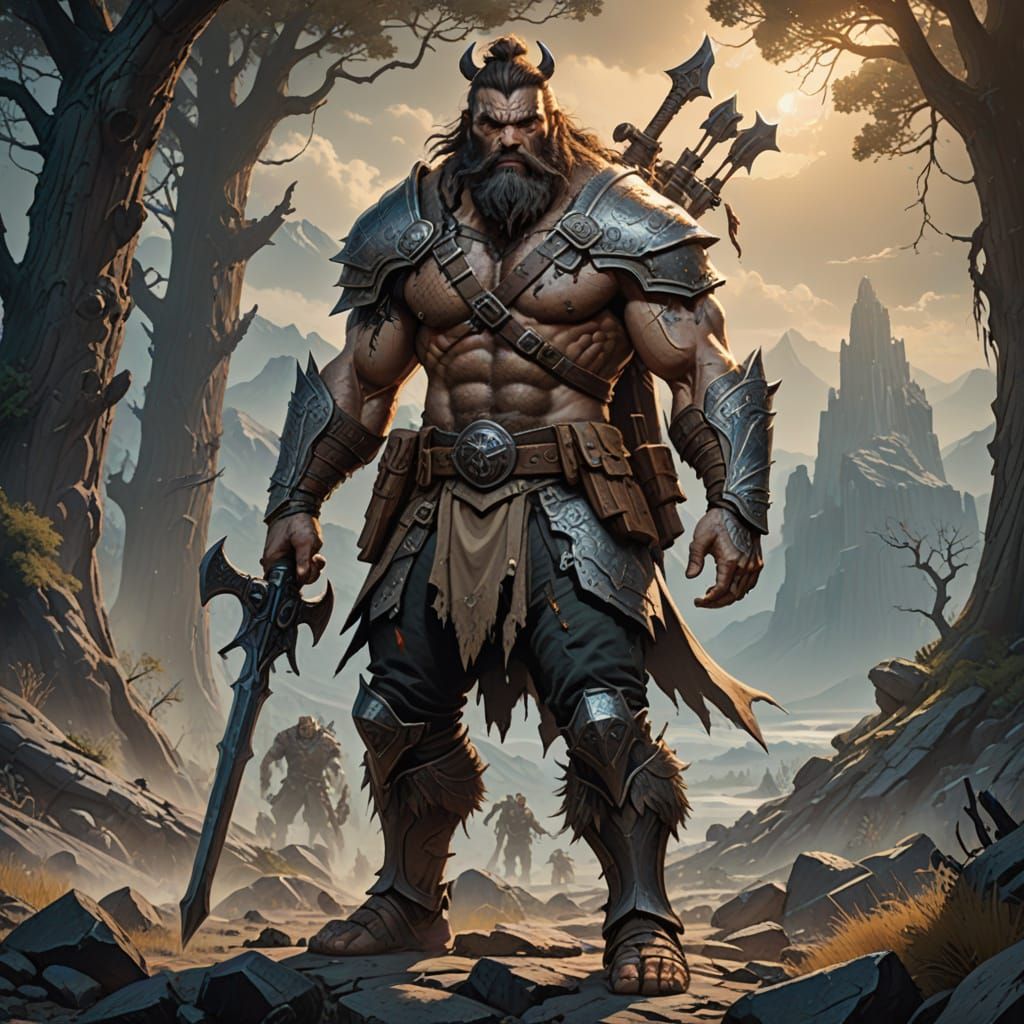 Epic Fantasy Giant Warriors in Rugged Landscape