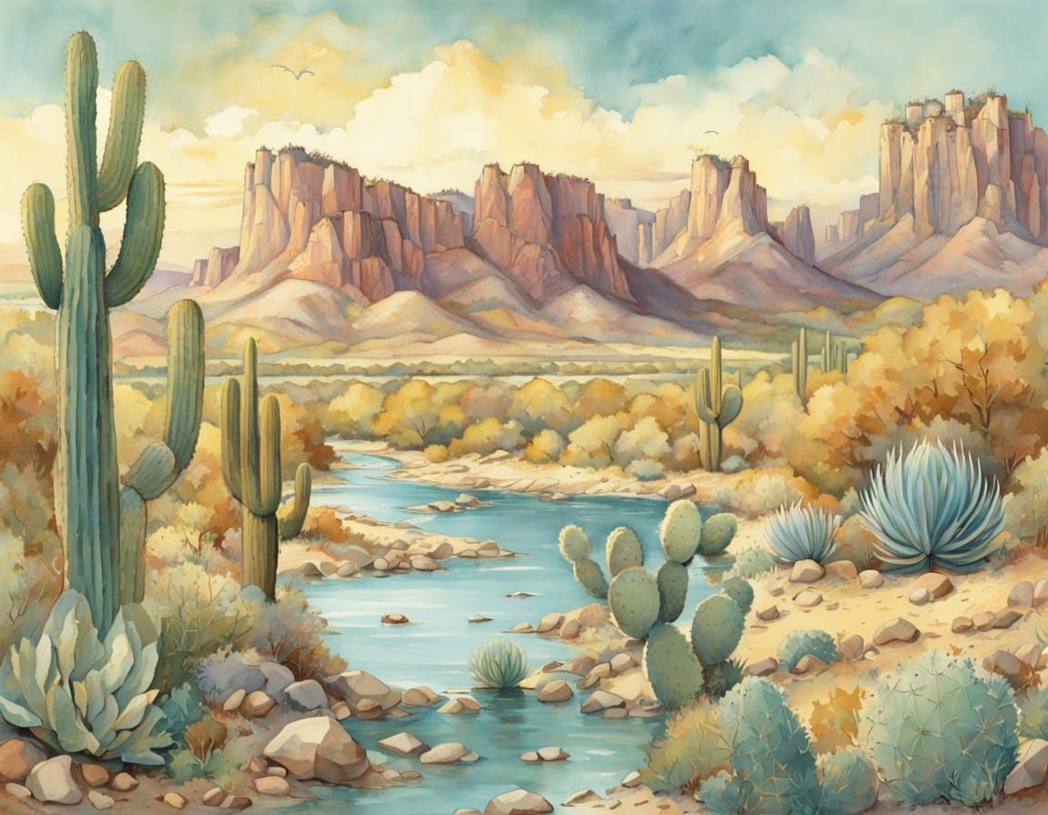 Steamboat on Rio Grande in Arizona Desert Watercolor