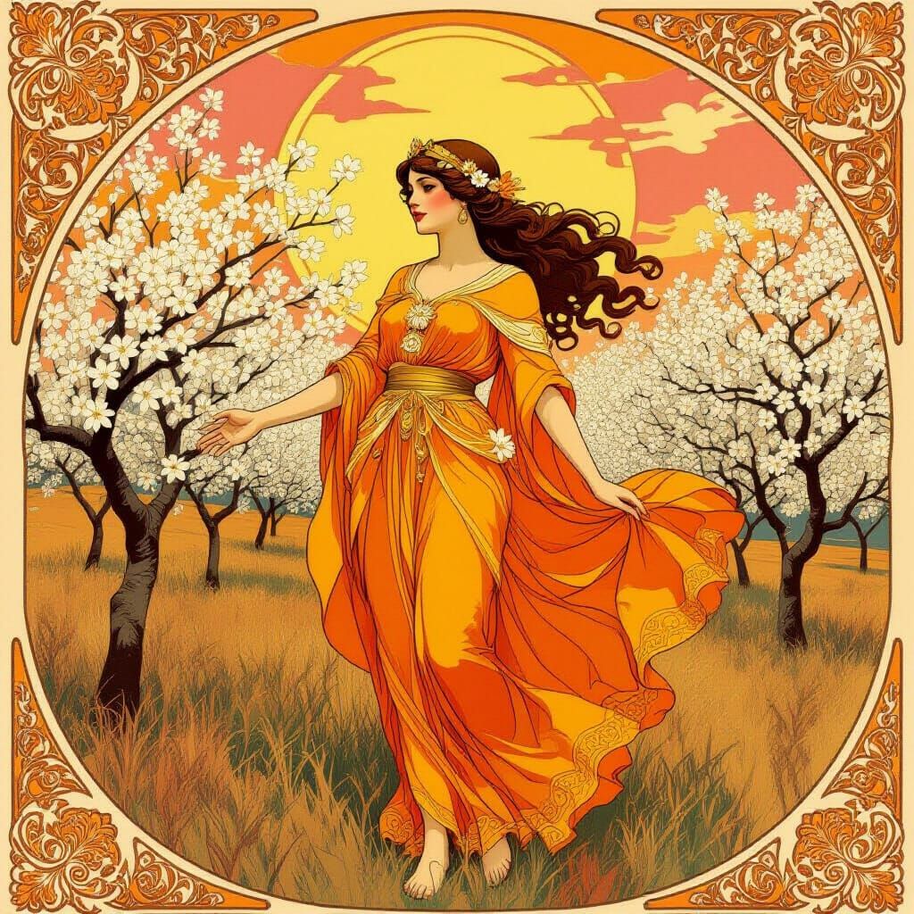 Goddess of Orange Groves in Art Nouveau Style
