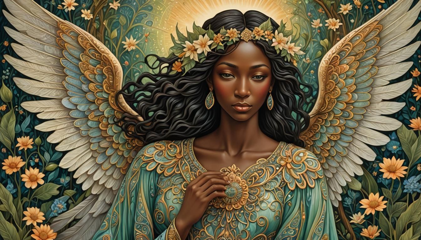 Melanin Angel in Secret Garden, Whimsical Art