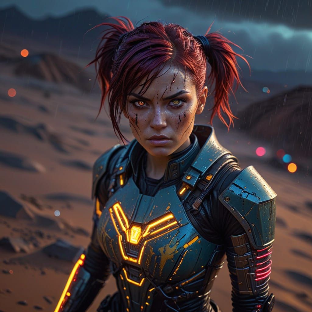 Fierce Cyberpunk Warrior in Neon Desert Landscape