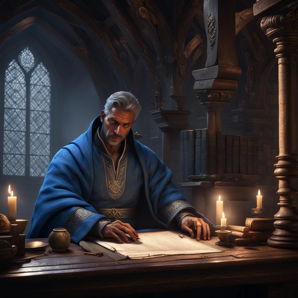 Mage Reading Scroll in Medieval Library
