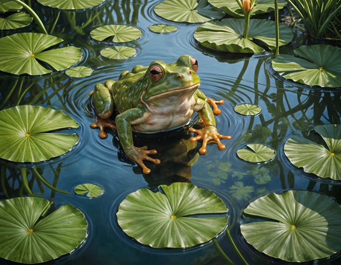 Frog's Leap: A Hyper-Realistic Lily Pond Scene