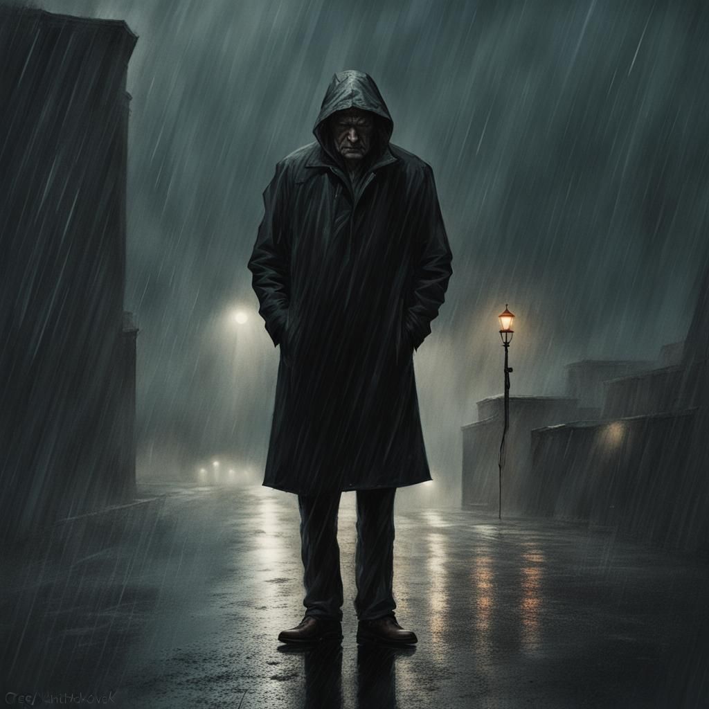 Man in Rain on Gloomy Day