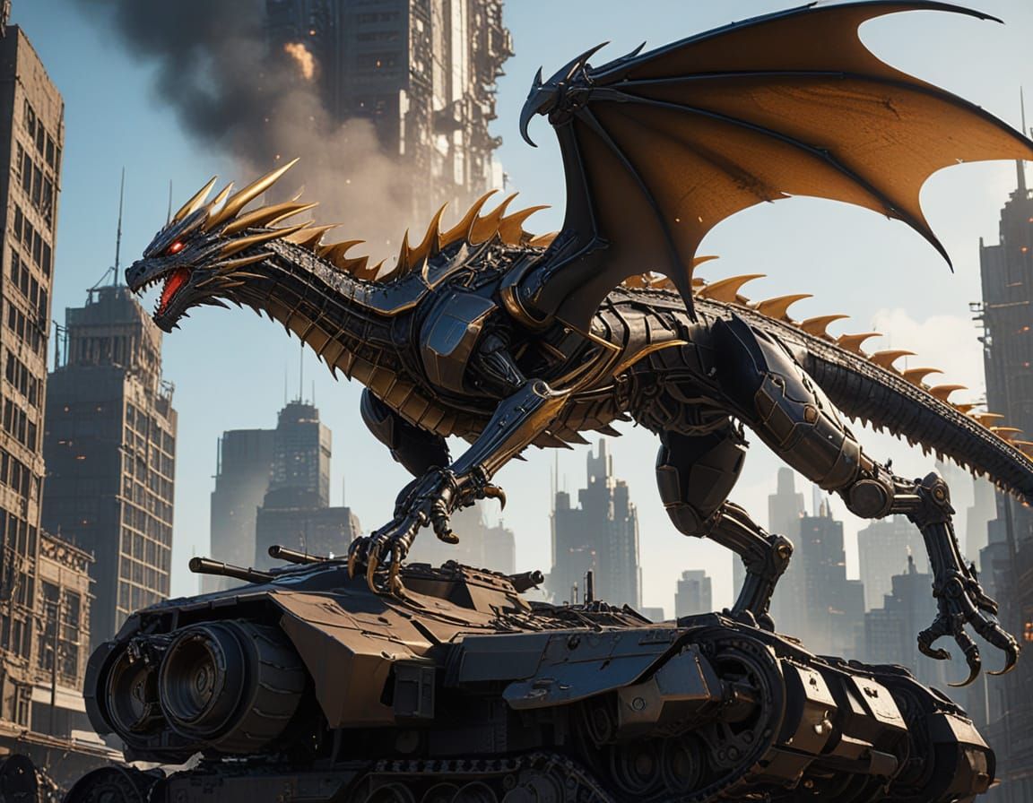 Cyberpunk Mech Dragon Leaps Over Wrecked Tank in Nighttime B...