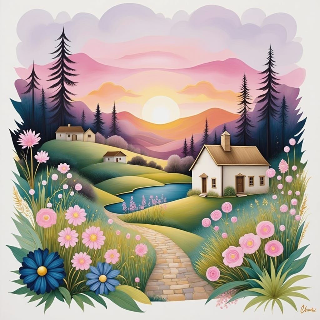 Tranquil Country Garden at Sunset in Alcohol Ink Style