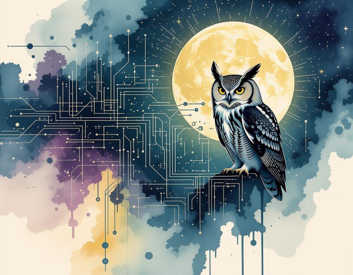 Glitchcore Circuit Diagram with Owl in Moonlight