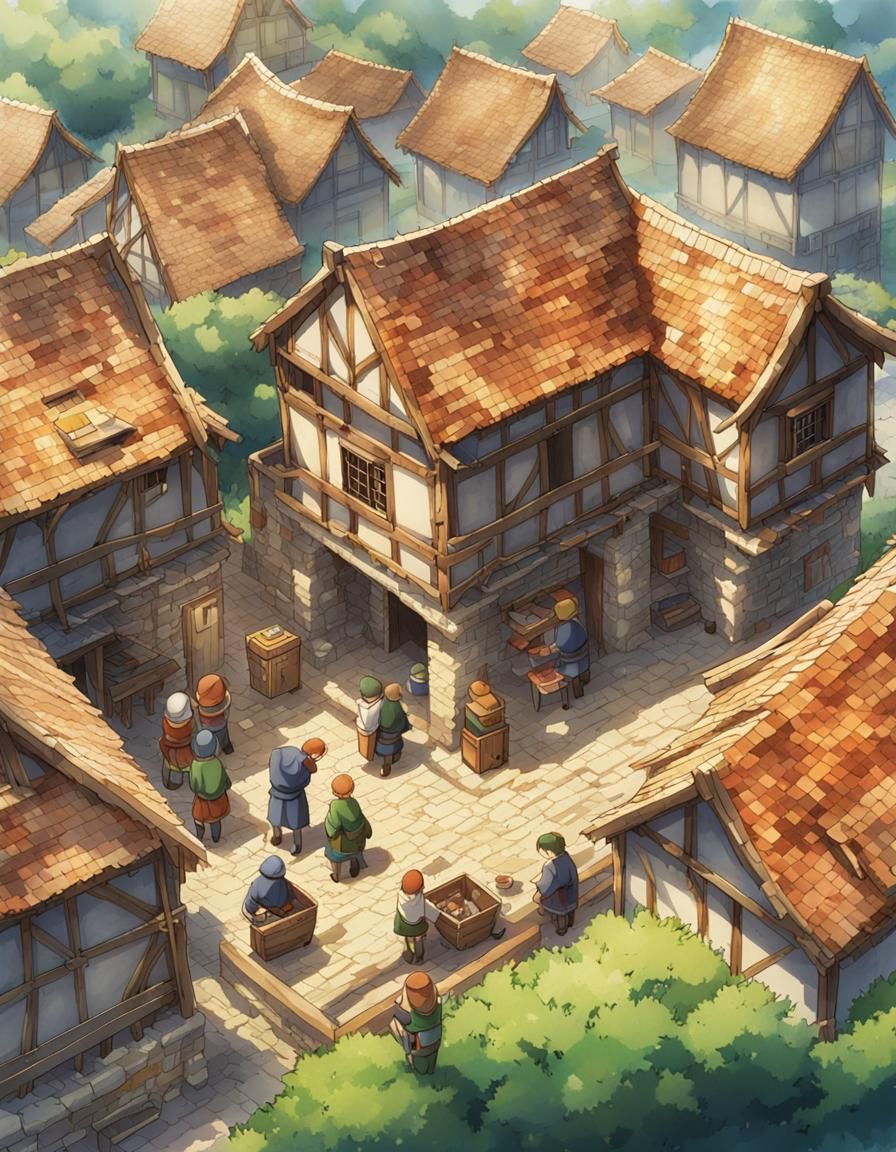 Medieval Town Construction: Anime-Inspired Aerial View
