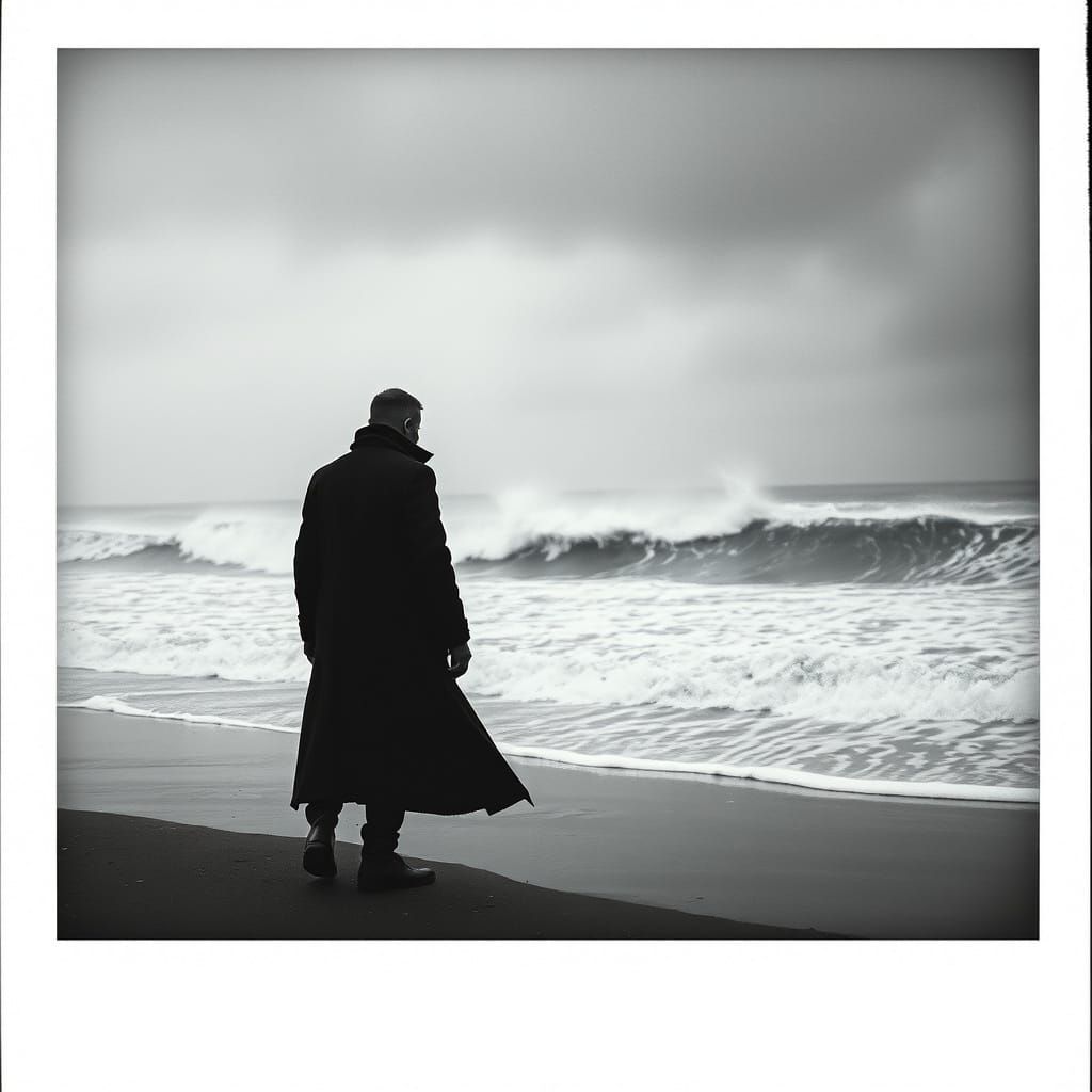 Mysterious Stormy Beach Scene in Black and White Polaroid St...