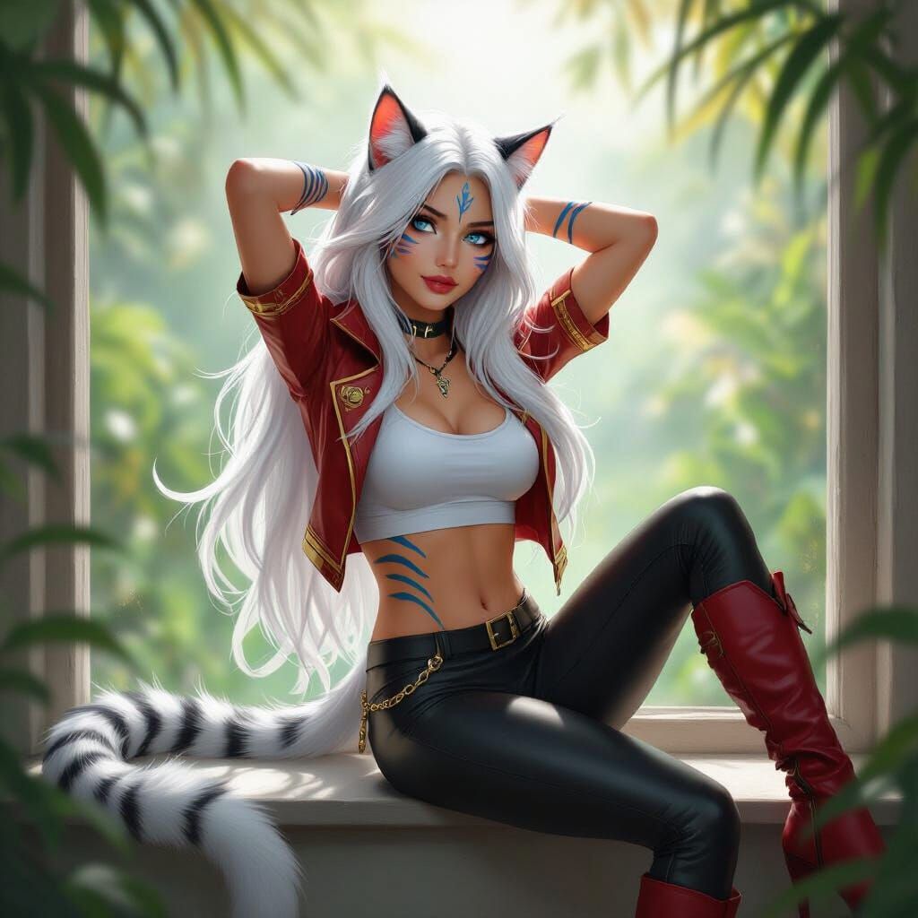 Feline Woman Lounging in Jungle Sunlight