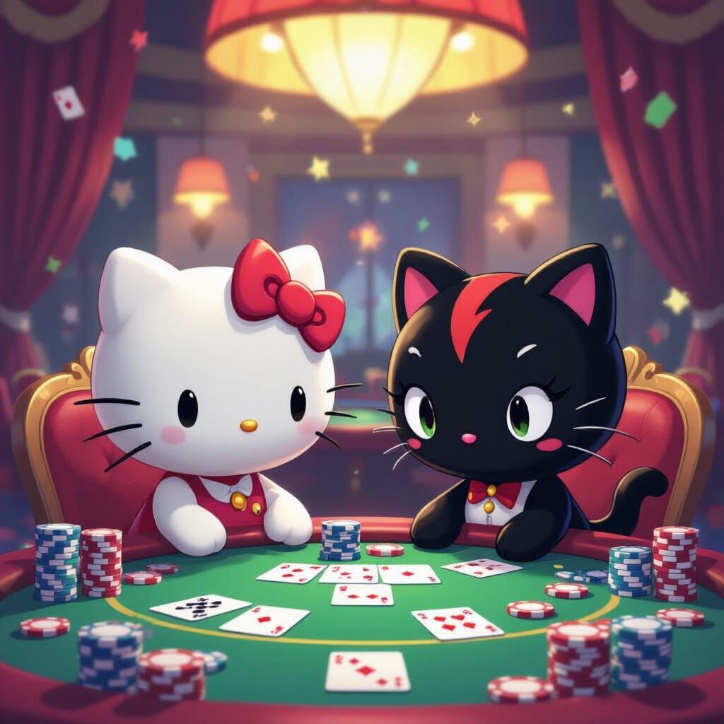 Hello Kitty and Kuromi Play Poker in a Lively Casino